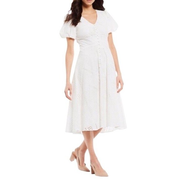 Gibson & Latimer Short Puff Sleeve Button Down Eyelet Tea Midi Dress size M - Picture 1 of 9